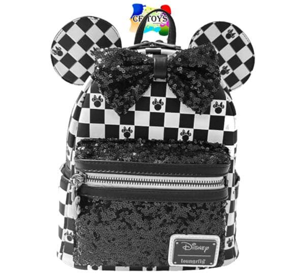 LOUNGEFLY DISNEY: Mochila Minnie Mouse: Mimi Lentejuela: Ajedrez Blanco y Negro